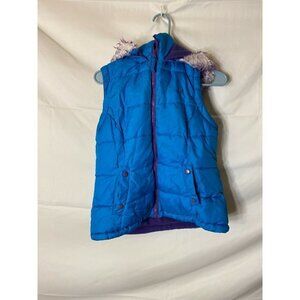 VERTICAL'9 WOMENS PUFFY VEST TURQUOISE PURPLE HOODED SIZE LARGE 10/12 ZIPS